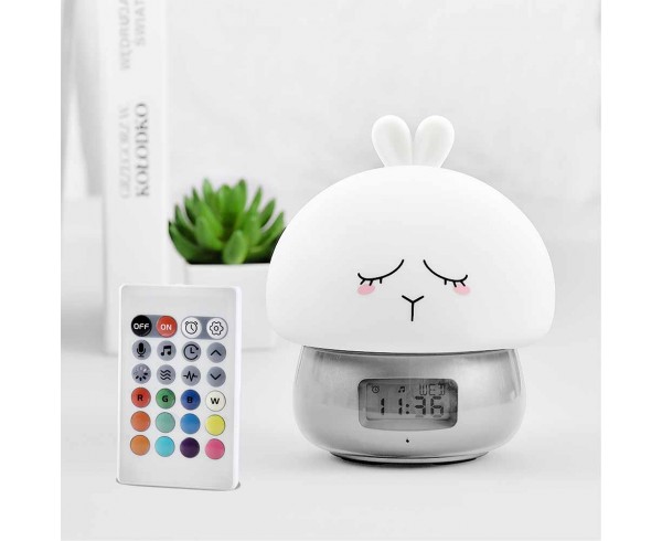 Réveil enfant en forme de lapin affichage horaire, température tête en silicone, rechargeable avec télécommande