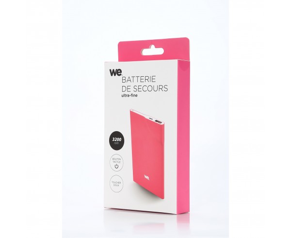 Batterie de secours 3200mAh fushia 1 port USB 1A - bouton tactile Toucher peau de pêche ULTRA FIN 5mm d'épaisseur