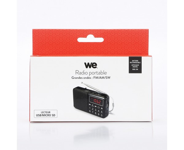 Radio grandes ondes AM / FM / SW Lecteur USB / Micro SD batterie rechargeable NOIR