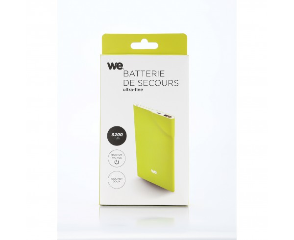 Batterie de secours 3200mAh vert 1 port USB 1A - bouton tactile Toucher peau de pêche ULTRA FIN 5mm d'épaisseur