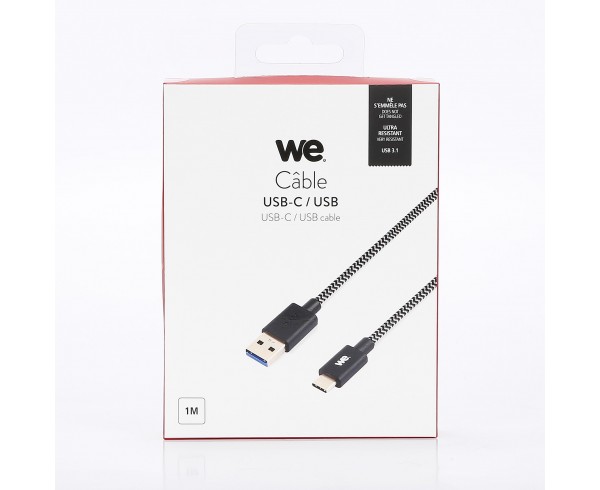 Câble USB-C mâle/USB A mâle tressé 1 m - USB 3.1 gen 2 - noir et blanc ne s'emmêle pas