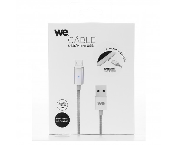 Câble USB/micro USB magnétique argent - nylon tressé - 1m