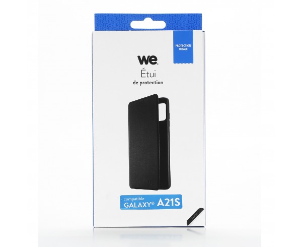 Etui de protection WE noir pour smartphone Samsung Galaxy A21 Résistant aux chocs et chûtes. Accès caméra et multi-position.