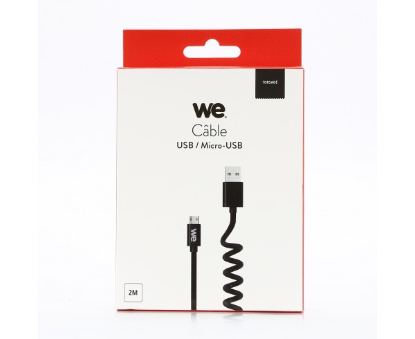 WE Câble Micro USB Torsadé 2m réversible - Connecteur Ultra Résistant - Charge Rapide pour Samsung Huawei Nexus Sony - Noir
