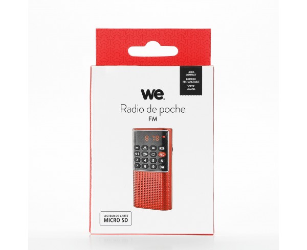 WE RADIO DE POCHE. rechargeable FM, lecteur de carte micro SD RMS 3W, prise casque Rouge