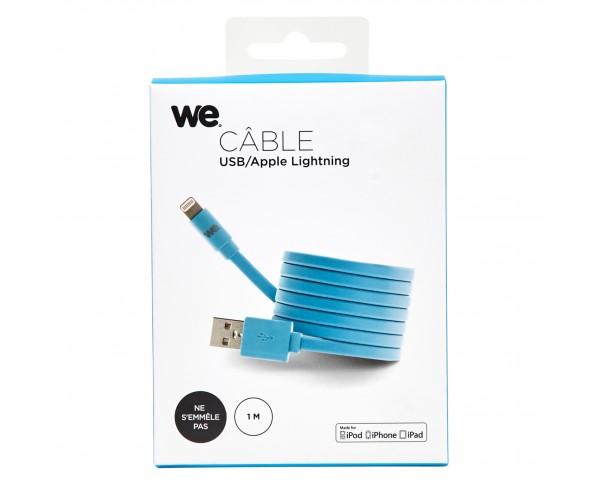 Câble Apple USB/lightning plat: évite de faire des noeuds 1m bleu - en silicone