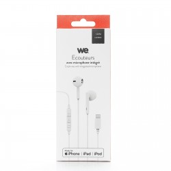 Ecouteurs de la marque WE avec connecteur Lightning de couleur blanche. Câble 1,20 m. Bouton multifonction et microphone intégré Ecouteurs de la marque WE avec connecteur Lightning de couleur blanche. Câble 1,20 m. Bouton multifonction et microphone intégré