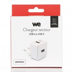 Chargeur secteur 2 sorties 1 USB A et 1 USB C Capacité totale 3A blanc