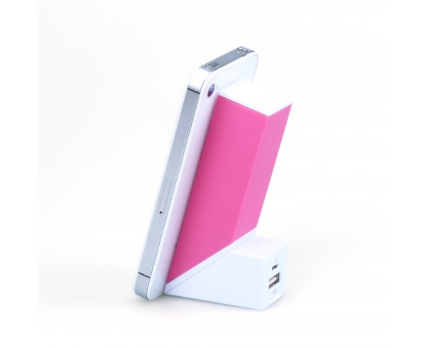 Batterie de secours 2600mAh fushia 1 port USB 1A - support smartphone fixation ventouse - design original