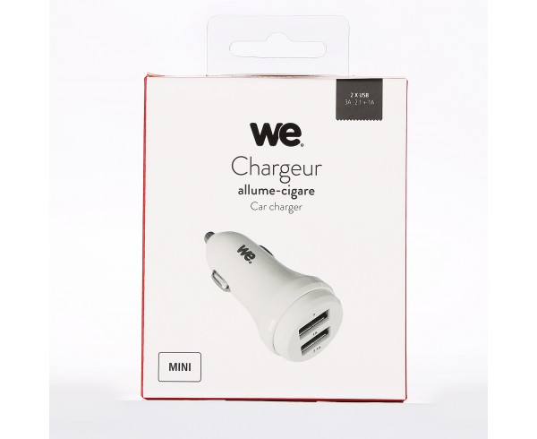 Chargeur allume-cigare 2 USB 2 ports USB 2.1A + 1A blanc