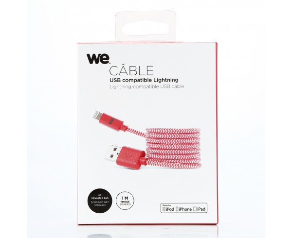 Câble USB/Lightning nylon tressé 1m - rouge & blanc