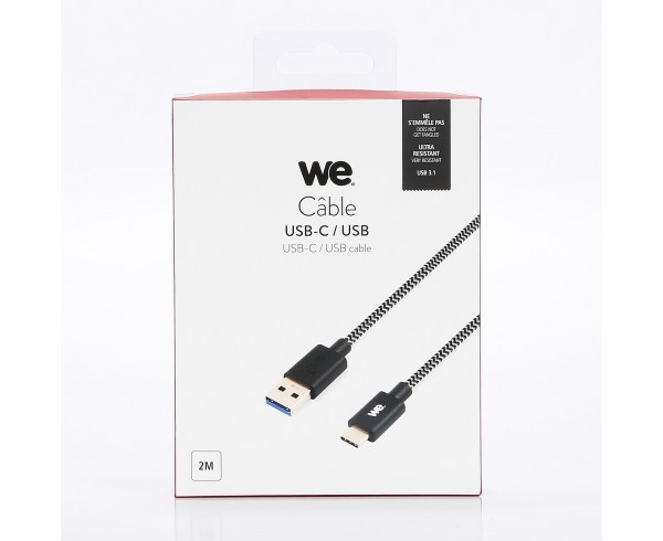 Câble USB-C mâle/USB A mâle tressé 2 m - USB 3.1 gen 1 - noir et blanc ne s'emmêle pas