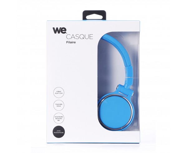 Casque filaire bleu avec micro câble 1.50m arceau réglable effect peau de pêche