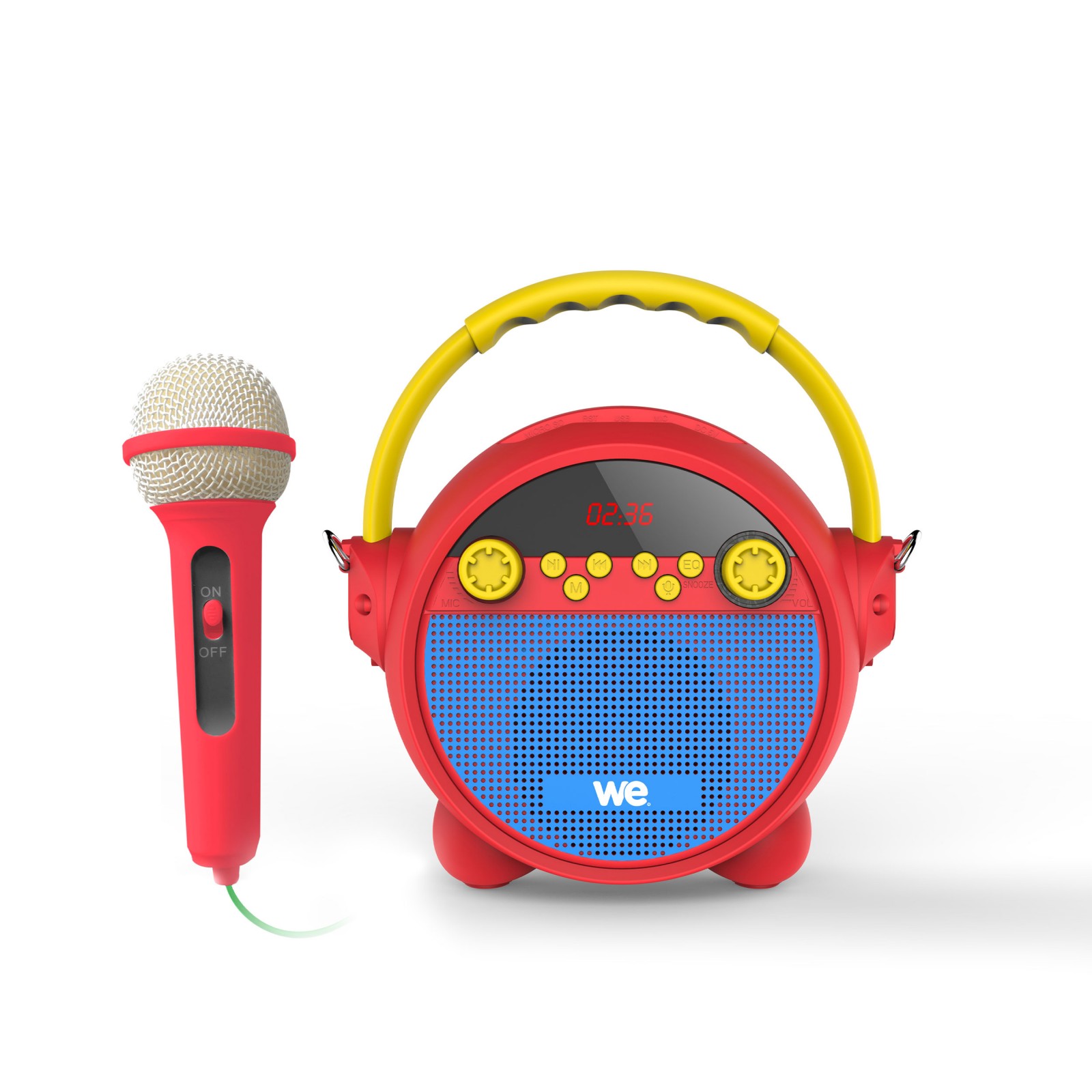 Radio réveil karaoké avec micro RMS 5w, BT, Lecteur USB Micro SD Radio FM,  batterie rechargeable bandoulière inclus - WE
